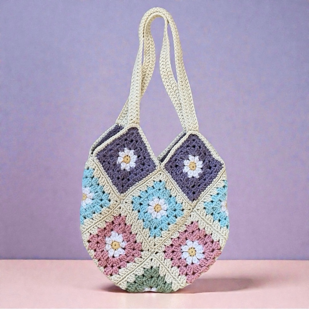Handmade Crochet Granny Square Tote Bag Pastel Flower Boho Shoulder Bag Fairy